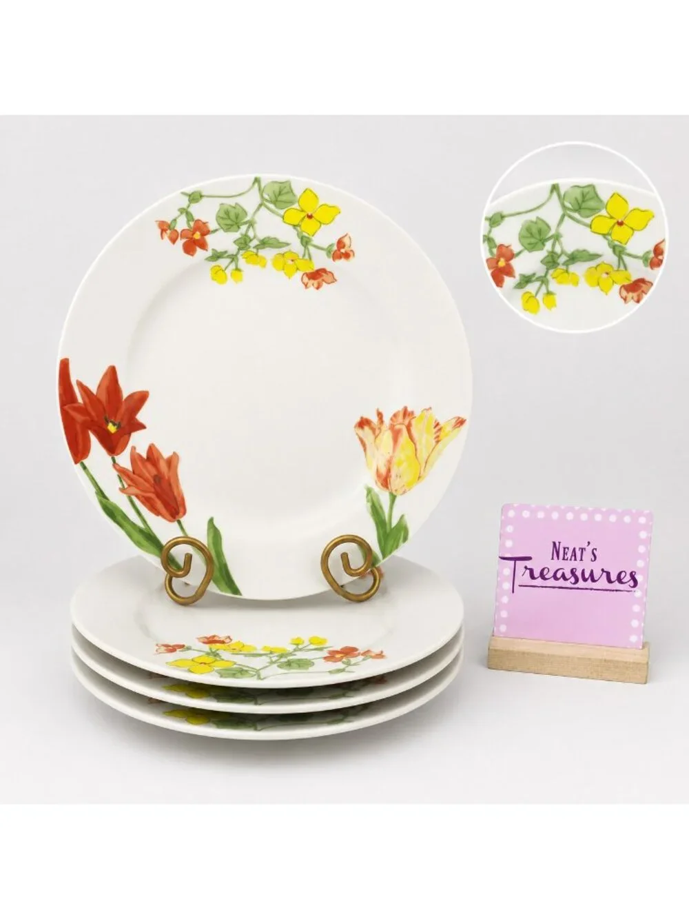 Gibson FLORIANA BLOOM Floral Rim On White Smooth Oven Safe Dinner Plates Set 4